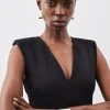 Karen Millen Ponte Plunge Strong Shoulder Jersey Midi Dress -Karen Millen shop black ponte plunge strong shoulder jersey midi dress