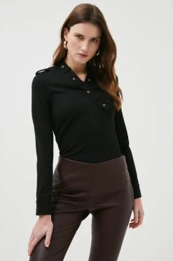 Karen Millen Ponte Wrap Front Tab Detail Jersey Top -Karen Millen shop black ponte wrap front tab detail jersey top 3