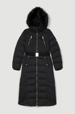 Karen Millen Premium Fur Trim Belted Maxi Down Jacket -Karen Millen shop black premium fur trim belted maxi down jacket 1 5