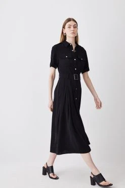 Karen Millen Premium Lightweight Fluid Crepe Full Skirt Belted Midi Dress -Karen Millen shop black premium lightweight fluid crepe full skirt belted midi dress 1