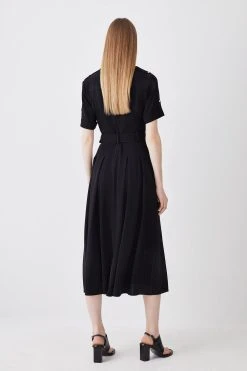 Karen Millen Premium Lightweight Fluid Crepe Full Skirt Belted Midi Dress -Karen Millen shop black premium lightweight fluid crepe full skirt belted midi dress 2