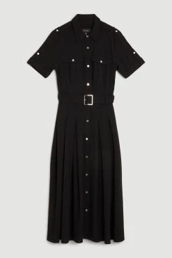 Karen Millen Premium Lightweight Fluid Crepe Full Skirt Belted Midi Dress -Karen Millen shop black premium lightweight fluid crepe full skirt belted midi dress 3