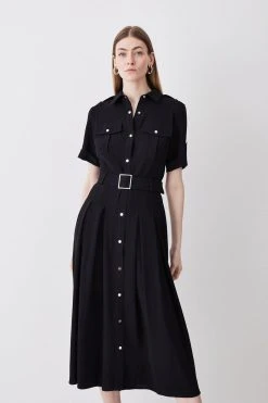Karen Millen Premium Lightweight Fluid Crepe Full Skirt Belted Midi Dress -Karen Millen shop black premium lightweight fluid crepe full skirt belted midi dress 4
