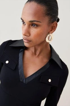 Karen Millen Pu Trim Ponte Jersey Mini Dress -Karen Millen shop black pu trim ponte jersey mini dress 3