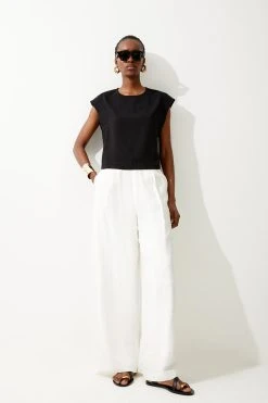 Karen Millen Satin Back Crepe Cap Sleeve Woven Top -Karen Millen shop black satin back crepe cap sleeve woven top 1