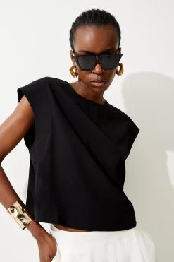 Karen Millen Satin Back Crepe Cap Sleeve Woven Top -Karen Millen shop black satin back crepe cap sleeve woven top 2