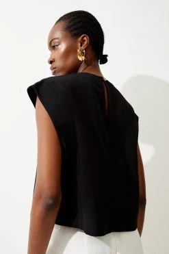 Karen Millen Satin Back Crepe Cap Sleeve Woven Top -Karen Millen shop black satin back crepe cap sleeve woven top 3