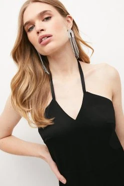 Karen Millen Satin Back Crepe Feather Halter Maxi Dress -Karen Millen shop black satin back crepe feather halter maxi dress 1