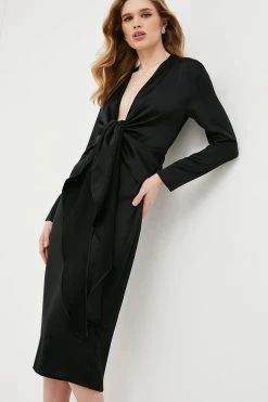 Karen Millen Satin Crepe Tie Front Midi Dress -Karen Millen shop black satin crepe tie front midi dress 2