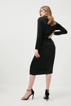 Karen Millen Satin Crepe Tie Front Midi Dress -Karen Millen shop black satin crepe tie front midi dress 3