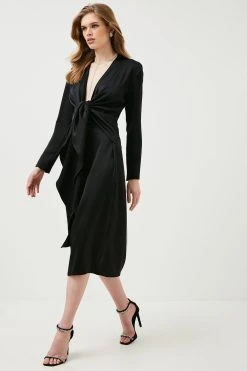 Karen Millen Satin Crepe Tie Front Midi Dress -Karen Millen shop black satin crepe tie front midi dress 4