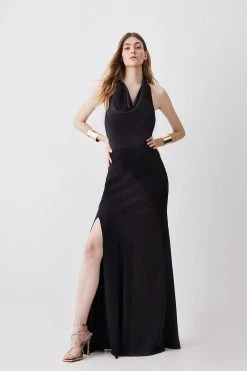 Karen Millen Satin Mix Cowl Neck Maxi Dress -Karen Millen shop black satin mix cowl neck maxi dress 4