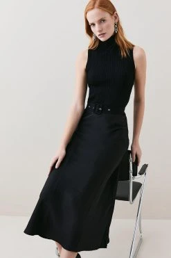 Karen Millen Satin Skirt Sleeveless Rib Knit Mix Midi Dress -Karen Millen shop black satin skirt sleeveless rib knit mix midi dress 2