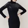 Karen Millen Sequinned Knit Funnel Neck Knit Mini Dress -Karen Millen shop black sequinned knit funnel neck knit mini dress