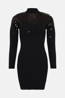Karen Millen Sequinned Knit Funnel Neck Knit Mini Dress -Karen Millen shop black sequinned knit funnel neck knit mini dress 2