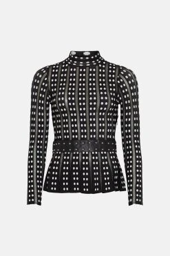 Karen Millen Sheer Knit Polka Dot Peplum Jacquard Top -Karen Millen shop black sheer knit polka dot peplum jacquard top 4