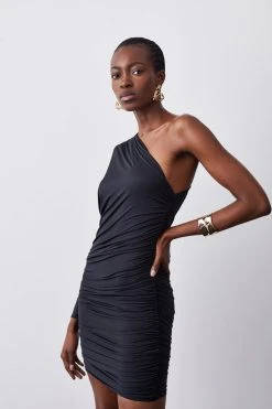 Karen Millen Slinky Jersey Asymetric Detailed Mini Jersey Dress -Karen Millen shop black slinky jersey asymetric detailed mini jersey dress 1