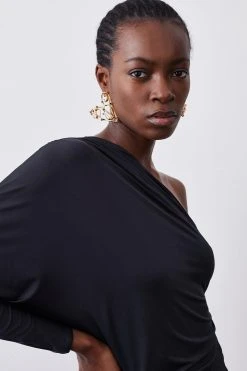 Karen Millen Slinky Jersey Asymetric Detailed Mini Jersey Dress -Karen Millen shop black slinky jersey asymetric detailed mini jersey dress 4