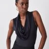 Karen Millen Slinky Jersey Dramatic Cowl Sleeveless Bodysuit -Karen Millen shop black slinky jersey dramatic cowl sleeveless bodysuit