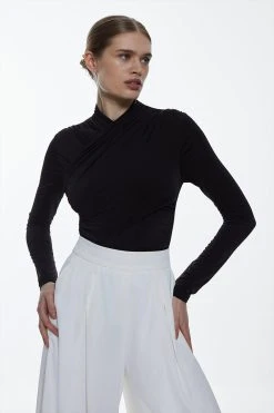 Karen Millen Slinky Jersey Long Sleeve Halterneck Bodysuit -Karen Millen shop black slinky jersey long sleeve halterneck bodysuit 3