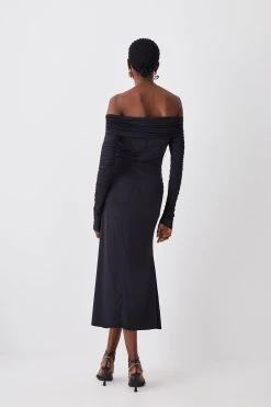 Karen Millen Slinky Jersey Ruched Bardot Midi Dress -Karen Millen shop black slinky jersey ruched bardot midi dress 1