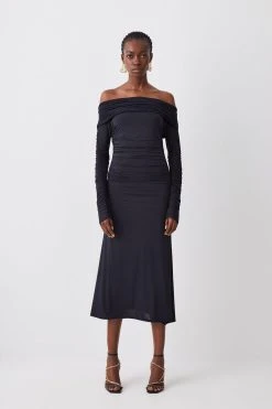 Karen Millen Slinky Jersey Ruched Bardot Midi Dress -Karen Millen shop black slinky jersey ruched bardot midi dress 2