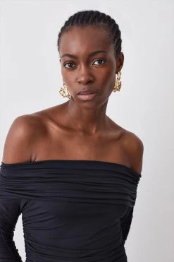 Karen Millen Slinky Jersey Ruched Bardot Midi Dress -Karen Millen shop black slinky jersey ruched bardot midi dress 3