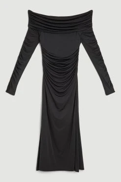 Karen Millen Slinky Jersey Ruched Bardot Midi Dress -Karen Millen shop black slinky jersey ruched bardot midi dress 4