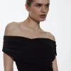 Karen Millen Slinky Jersey Ruched Bardot Sleevless Bodysuit -Karen Millen shop black slinky jersey ruched bardot sleevless bodysuit