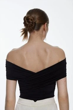 Karen Millen Slinky Jersey Ruched Bardot Sleevless Bodysuit -Karen Millen shop black slinky jersey ruched bardot sleevless bodysuit 2