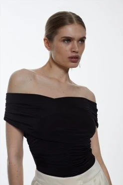 Karen Millen Slinky Jersey Ruched Bardot Sleevless Bodysuit