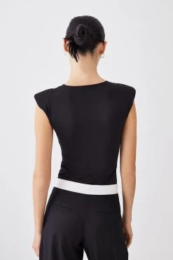 Karen Millen Slinky Jersey Strong Shoulder Bodysuit -Karen Millen shop black slinky jersey strong shoulder bodysuit 1