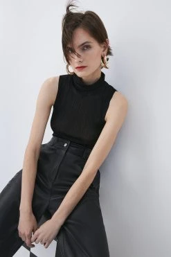 Karen Millen Slinky Sleeveless Roll Neck Rib Knit Top -Karen Millen shop black slinky sleeveless roll neck rib knit top 2