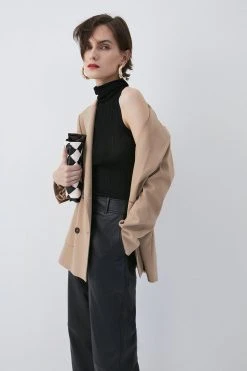 Karen Millen Slinky Sleeveless Roll Neck Rib Knit Top -Karen Millen shop black slinky sleeveless roll neck rib knit top 4