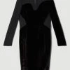 Karen Millen Slinky Velvet Mesh Sleeve Midi Dress -Karen Millen shop black slinky velvet mesh sleeve midi dress