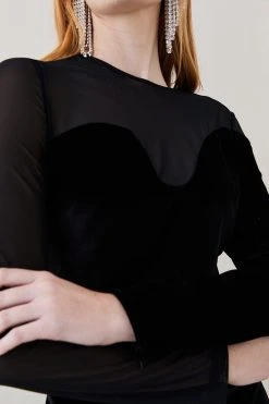 Karen Millen Slinky Velvet Mesh Sleeve Midi Dress -Karen Millen shop black slinky velvet mesh sleeve midi dress 1 4