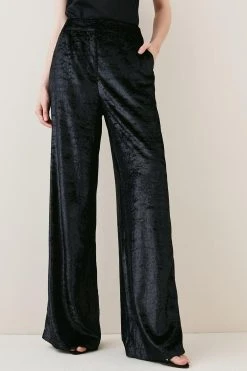 Karen Millen Slinky Velvet Wide Leg Tailored Trouser -Karen Millen shop black slinky velvet wide leg tailored trouser 1 2