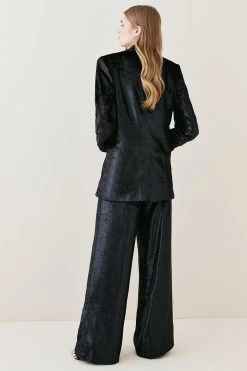 Karen Millen Slinky Velvet Wide Leg Tailored Trouser -Karen Millen shop black slinky velvet wide leg tailored trouser 1 3