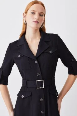 Karen Millen Soft Tailored Belted Crepe High Low Shirtdress
