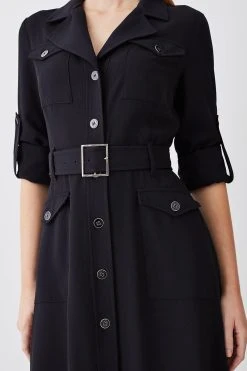 Karen Millen Soft Tailored Belted Crepe High Low Shirtdress -Karen Millen shop black soft tailored belted crepe high low shirtdress 4