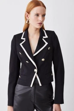 Karen Millen Soft Tailored Military Button Crop Jacket -Karen Millen shop black soft tailored military button crop jacket 1 2