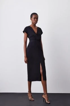 Karen Millen Soft Tailored Waist Detail Midi Dress -Karen Millen shop black soft tailored waist detail midi dress 2