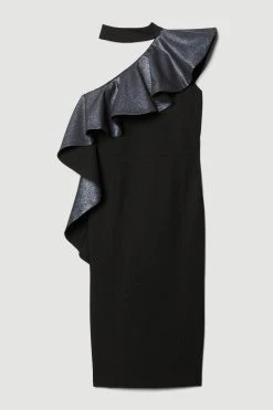Karen Millen Structured Crepe Asymmetric Jacquard Ruffle Midi Dress -Karen Millen shop black structured crepe asymmetric jacquard ruffle midi dress 1 1