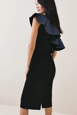 Karen Millen Structured Crepe Asymmetric Jacquard Ruffle Midi Dress -Karen Millen shop black structured crepe asymmetric jacquard ruffle midi dress 1 2