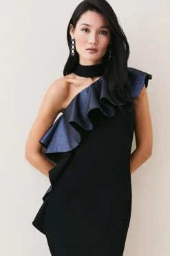 Karen Millen Structured Crepe Asymmetric Jacquard Ruffle Midi Dress -Karen Millen shop black structured crepe asymmetric jacquard ruffle midi dress 1 3