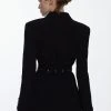 Karen Millen Structured Crepe Belted Wide Shoulder Longline Blazer -Karen Millen shop black structured crepe belted wide shoulder longline blazer