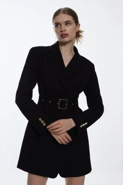 Karen Millen Structured Crepe Belted Wide Shoulder Longline Blazer 9 Karen Millen Structured Crepe Belted Wide Shoulder Longline Blazer -Karen Millen shop black structured crepe belted wide shoulder longline blazer 2