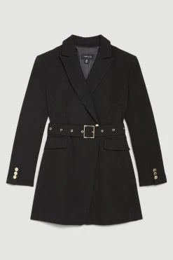 Karen Millen Structured Crepe Belted Wide Shoulder Longline Blazer 10 Karen Millen Structured Crepe Belted Wide Shoulder Longline Blazer -Karen Millen shop black structured crepe belted wide shoulder longline blazer 3