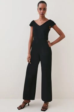 Karen Millen Structured Crepe Cross Detail Jumpsuit -Karen Millen shop black structured crepe cross detail jumpsuit 1 2
