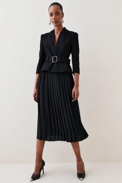 Karen Millen Structured Crepe Forever Soft Pleated Midi Dress -Karen Millen shop black structured crepe forever soft pleated midi dress 2